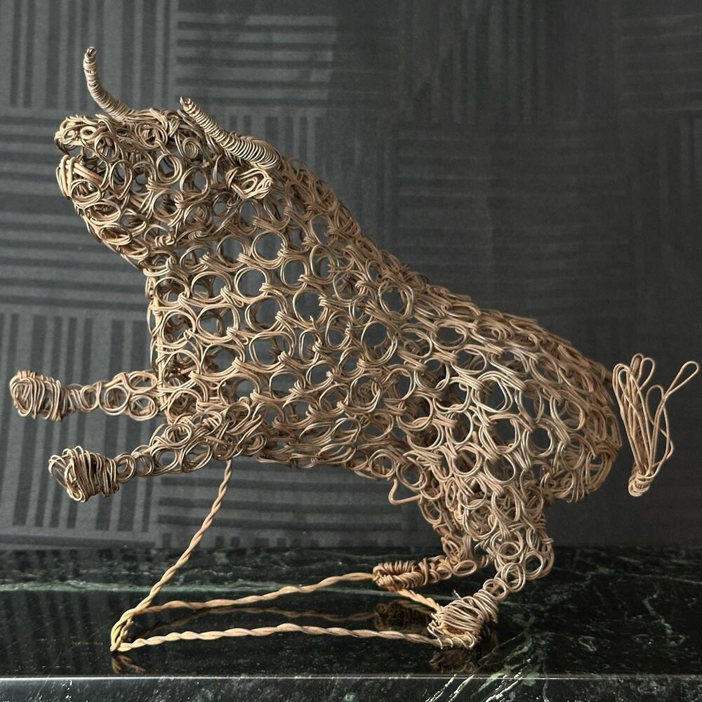 Vintage Metal Bull Wire Sculpture Abstract Mid Century Modern Statue 9 IN